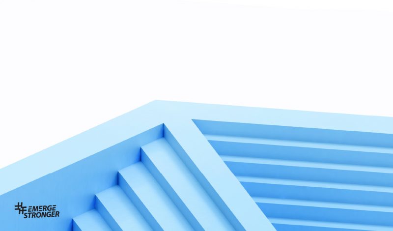 Graphic of blue coloured interwoven steps showing the hashtag Emerge Stronger