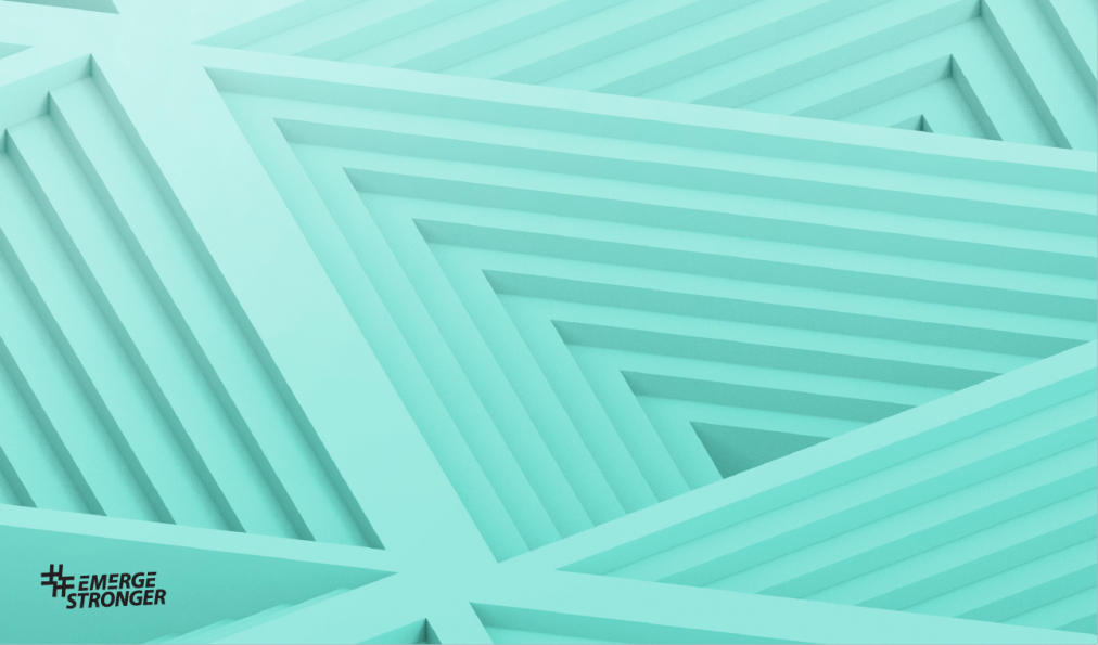 Graphic of turquoise coloured interwoven steps showing the hashtag Emerge Stronger