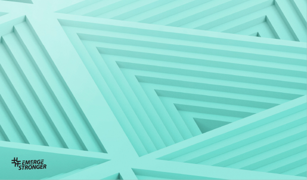 Graphic of turquoise coloured interwoven steps showing the hashtag Emerge Stronger