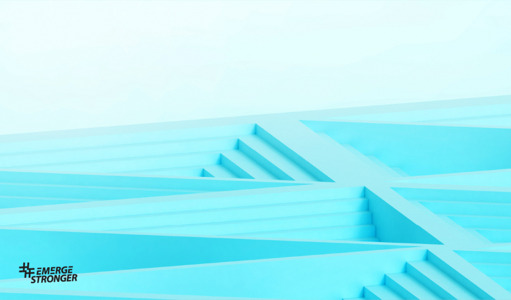 Graphic of turquoise coloured interwoven steps showing the hashtag Emerge Stronger
