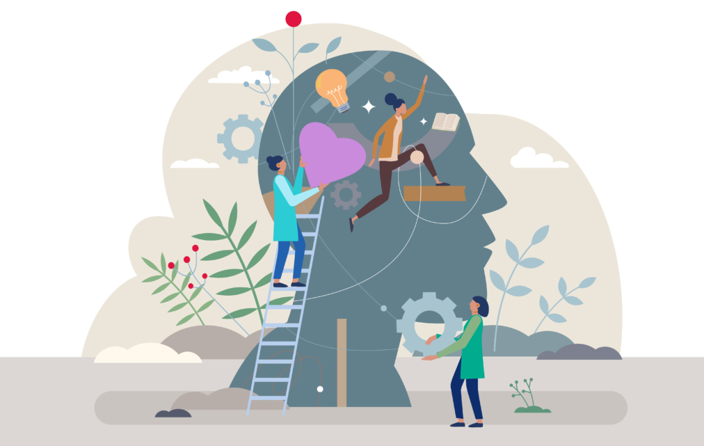 Graphic of a large person's mind with people working inside it - one holds a heart, another holds a lightbulb, another holds a gear cog