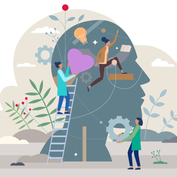 Graphic of a large person's mind with people working inside it - one holds a heart, another holds a lightbulb, another holds a gear cog