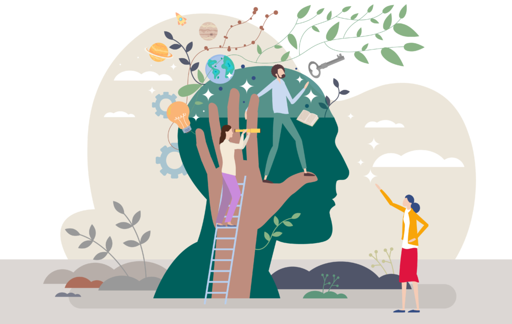 Graphic of a hand reaching up into a person's mind growing leaves and plants while animated people explore.