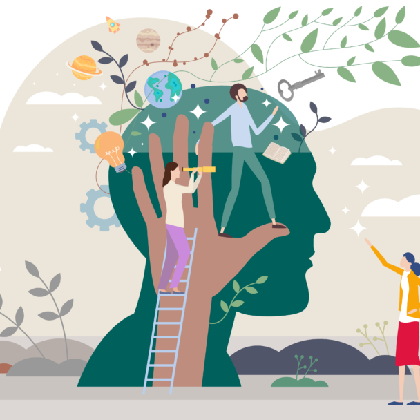 Graphic of a hand reaching up into a person's mind growing leaves and plants while animated people explore.